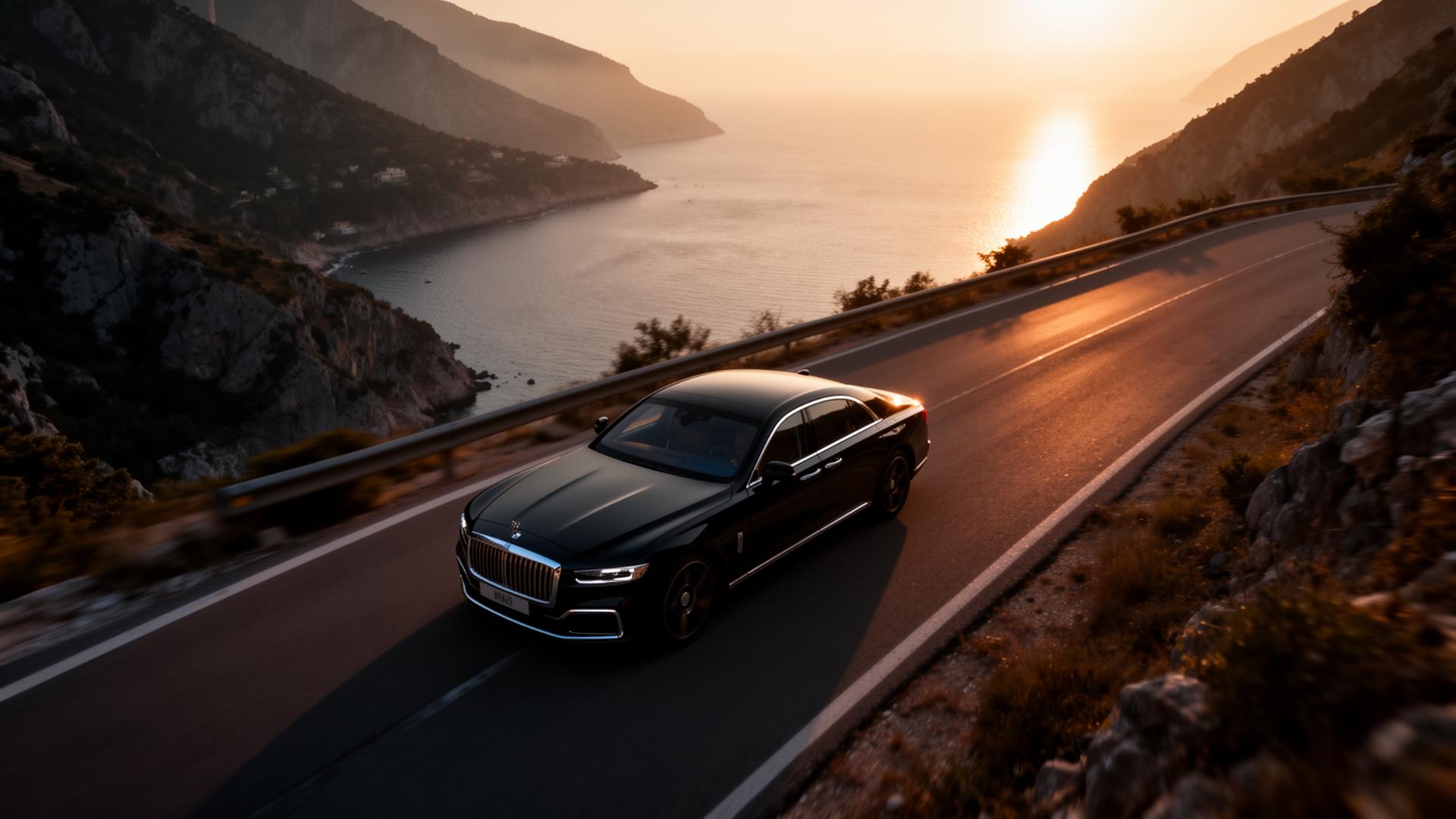 Luxury car on a coastal road at sunset